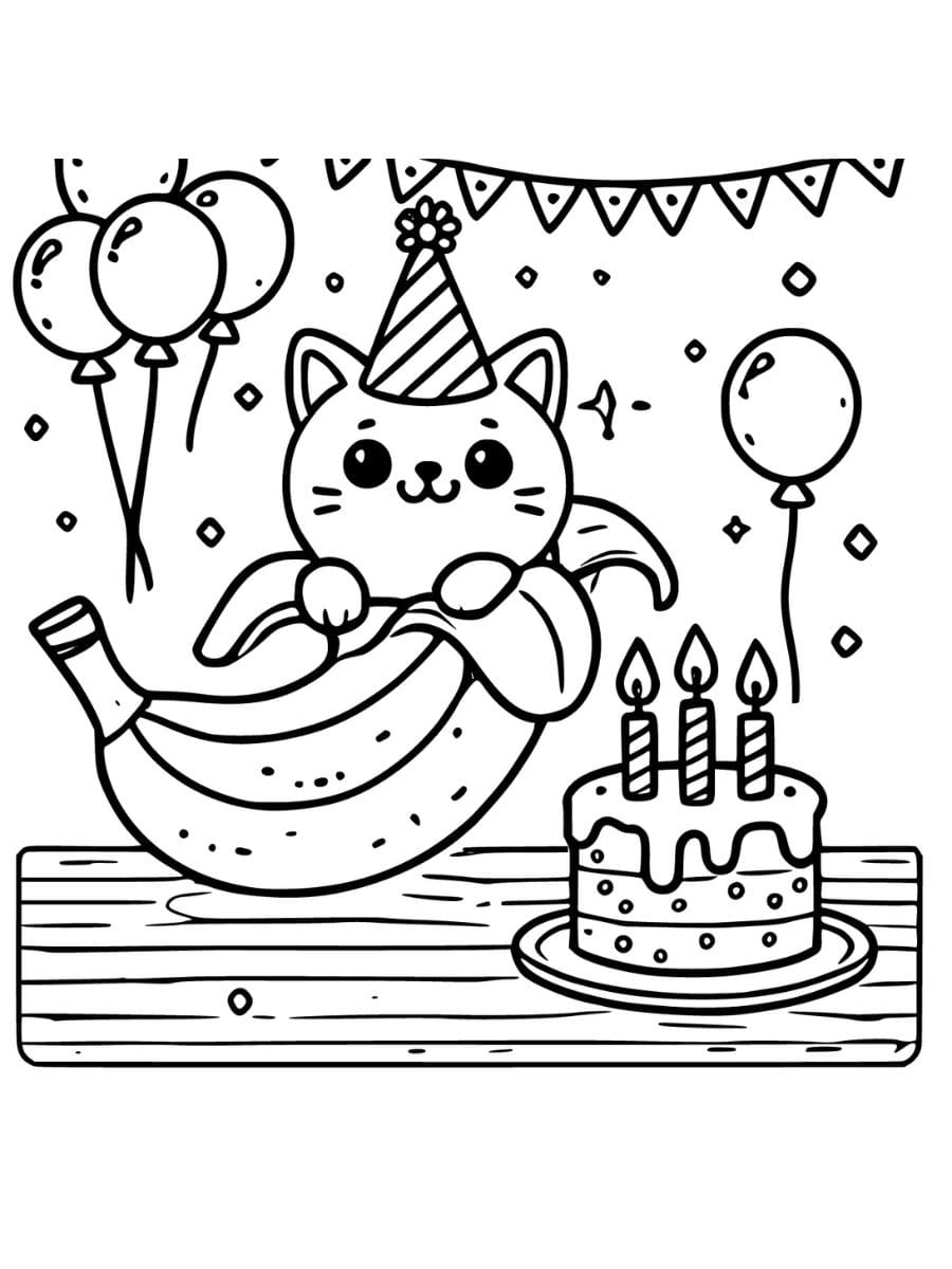 banana cat birthday celebration coloring pages