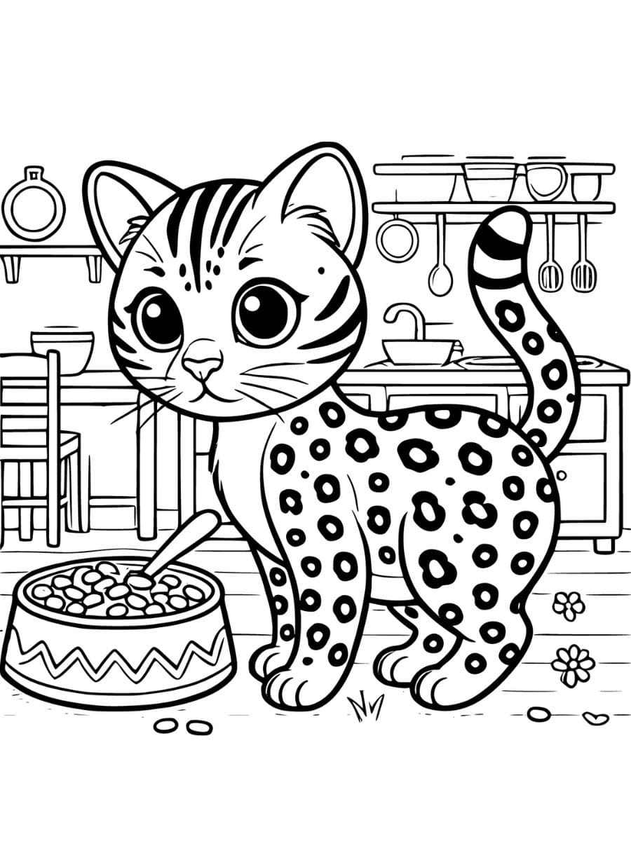 bengal cat curiously looking at a bowl in the kitchen coloring pages