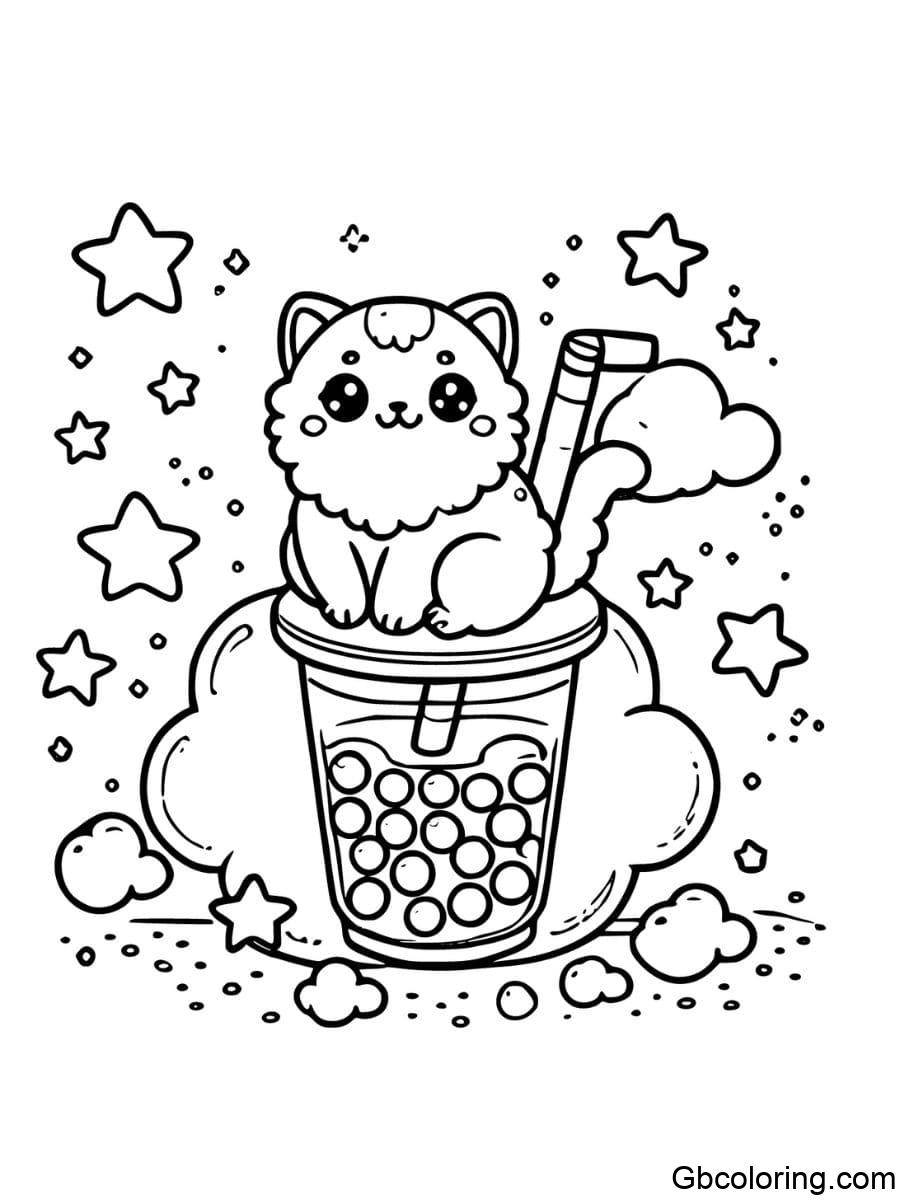 boba cat sitting on cloud coloring pages