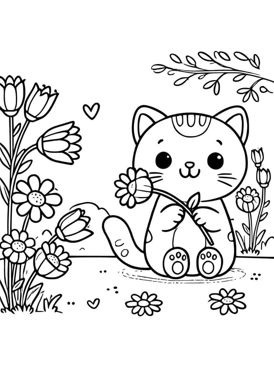 cat Holding a Flower in Its Paw cat and flower coloring pages