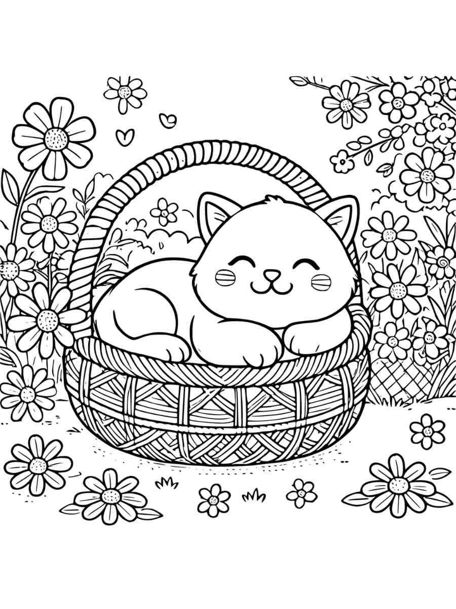 cat lying in a basket of flowers cat and flower coloring pages