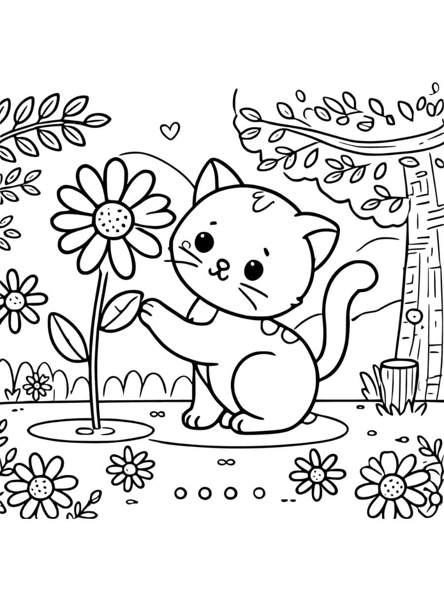 cat playing with a flower cat and flower coloring pages