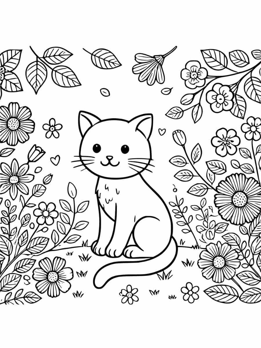 cat surrounded by flowers cat and flower coloring pages