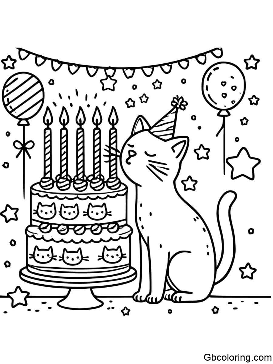 cat birthday blowing candles on a birthday cake coloring pages