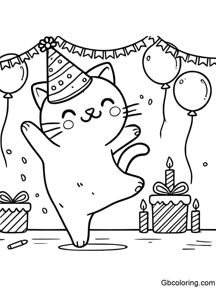 cat birthday dancing at a birthday party coloring pages