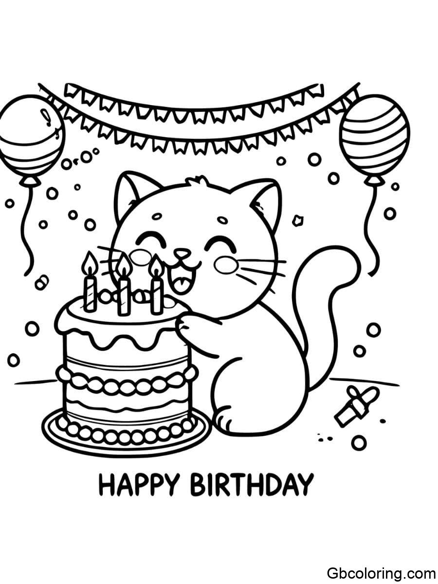 cat birthday eating a birthday cake coloring pages