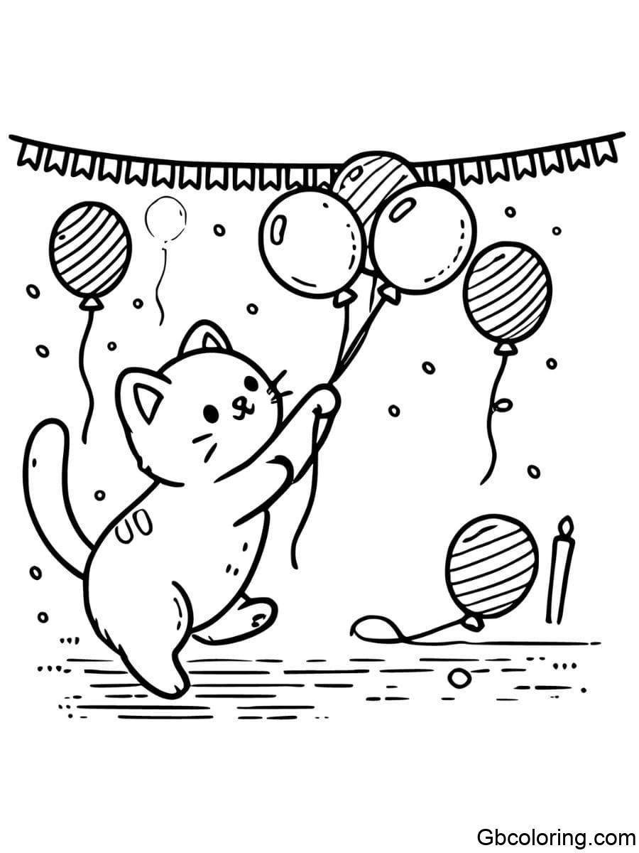 cat birthday playing with balloons at a birthday party coloring pages