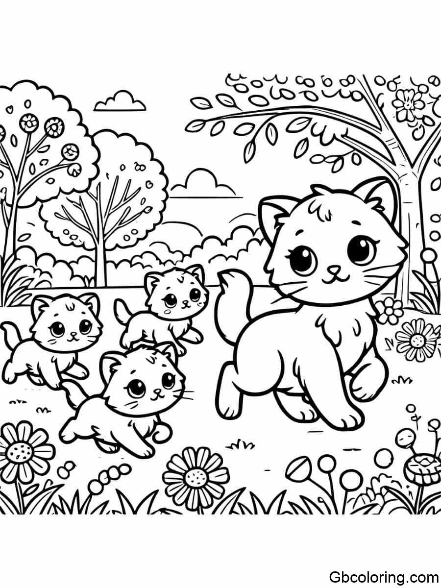 cat family exploring the garden coloring pages