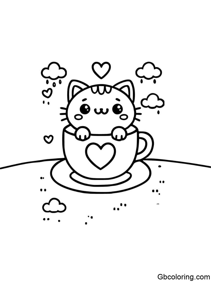 cat in a cup with heart design coloring pages