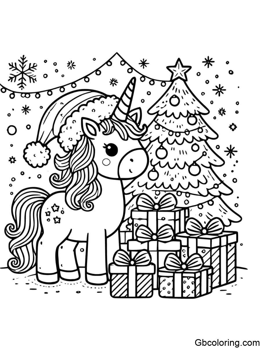 christmas unicorn coloring pages in santa hat with presents