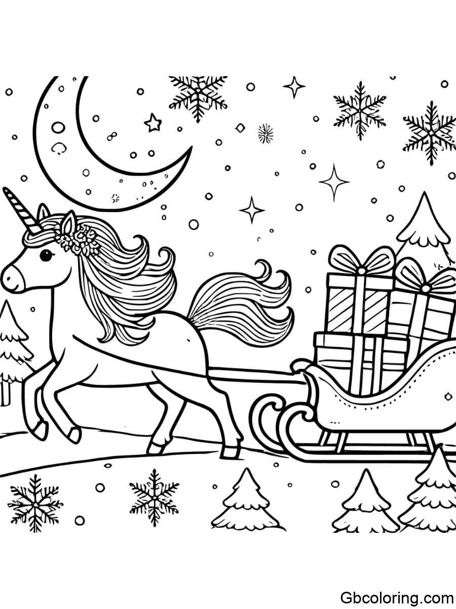 christmas unicorn coloring pages pulling sleigh with gifts