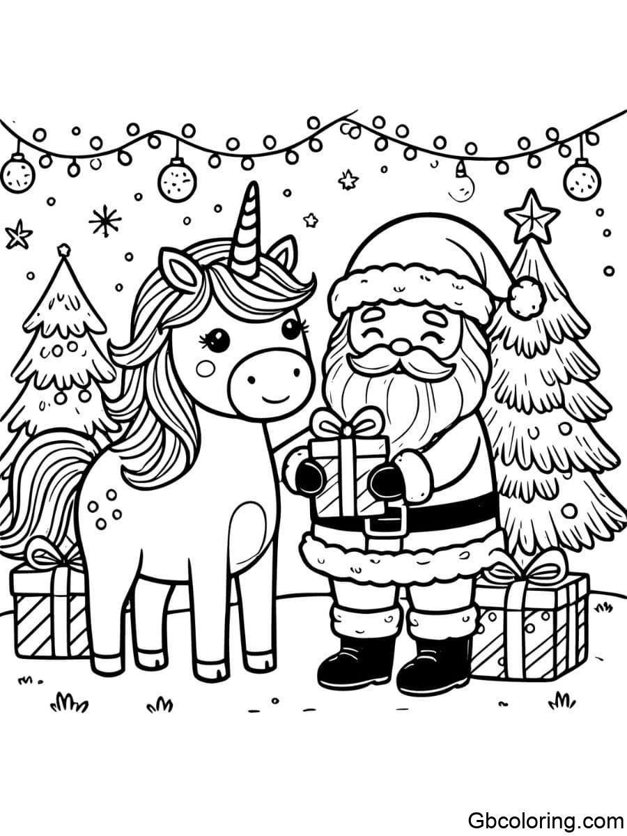 christmas unicorn standing next to santa coloring pages