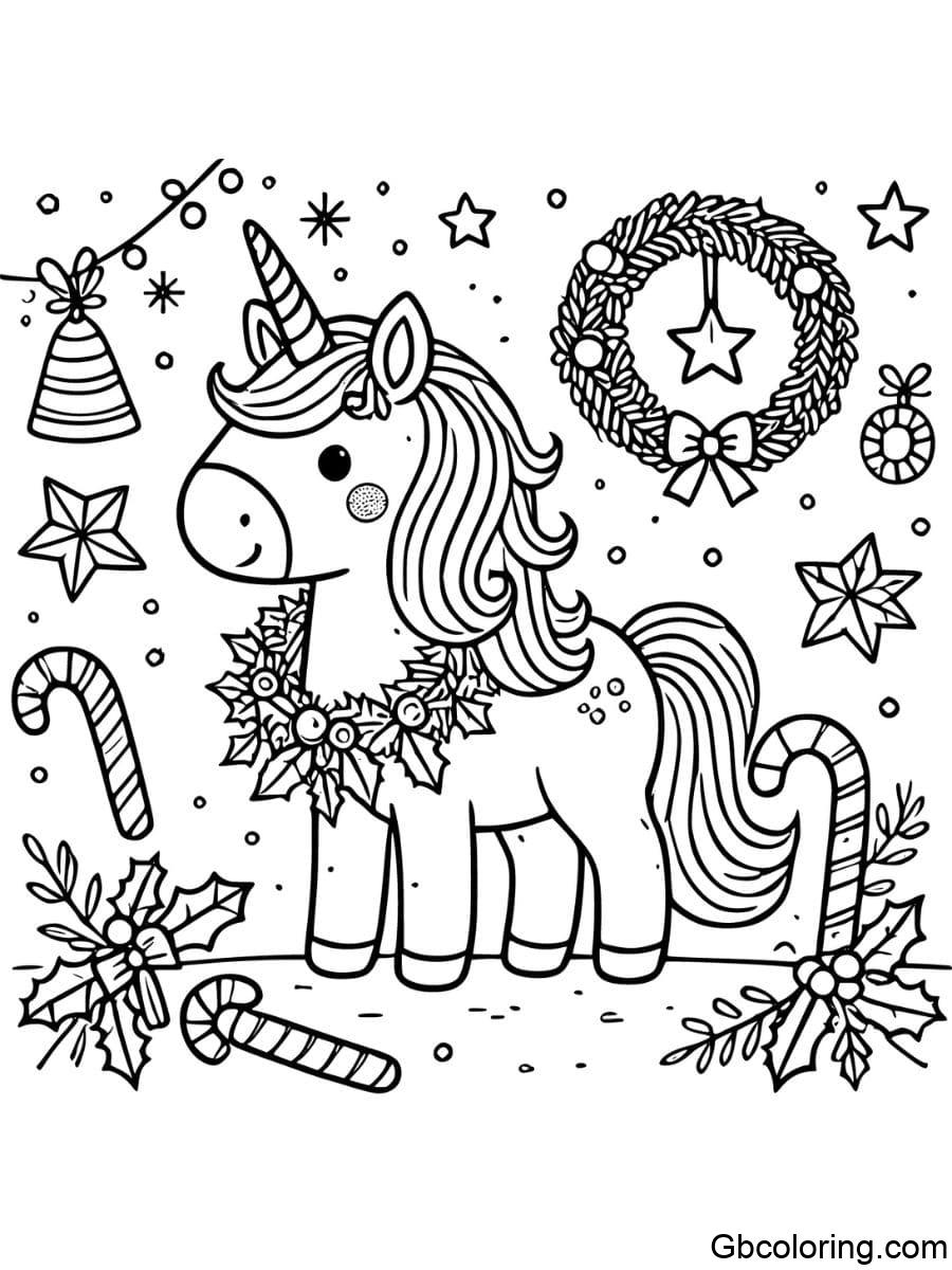 christmas unicorn with festive wreath coloring pages