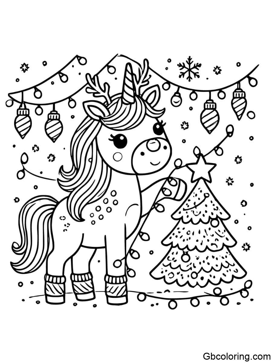 christmas unicorn with reindeer antlers coloring pages