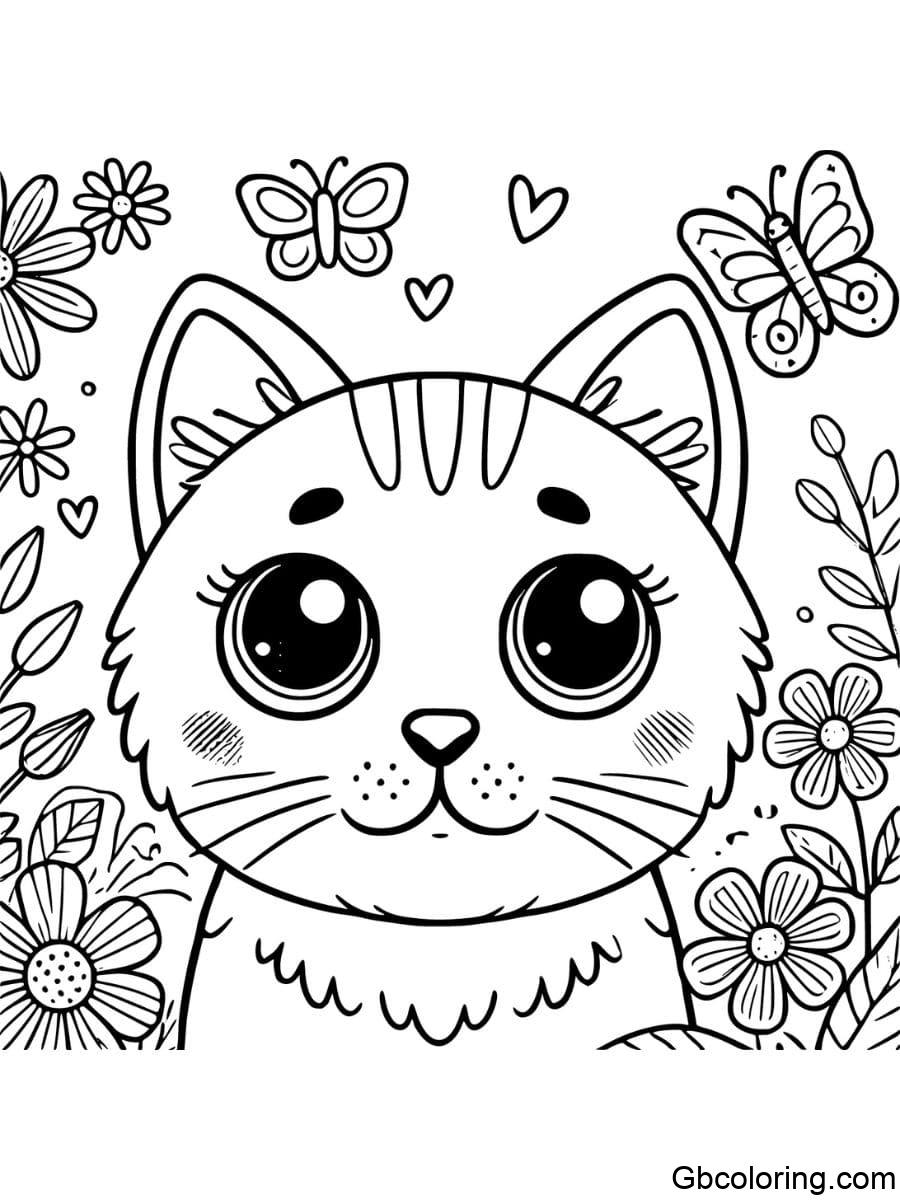 curious cat face with flowers coloring pages