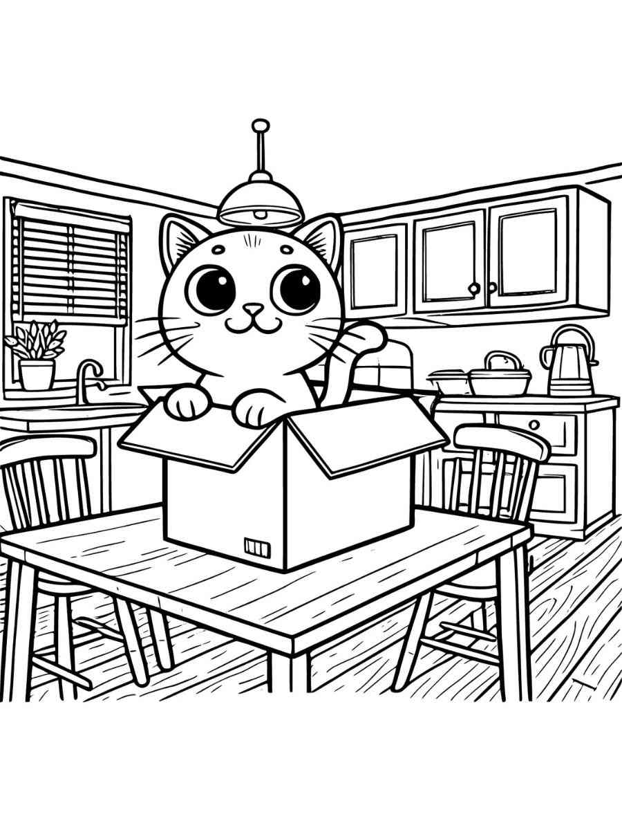 curious silly cat in a box coloring page