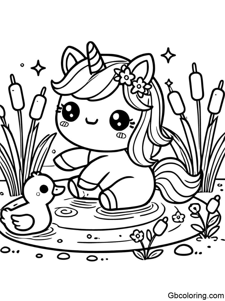 cute unicorn coloring pages playing in a pond with reeds and a duck