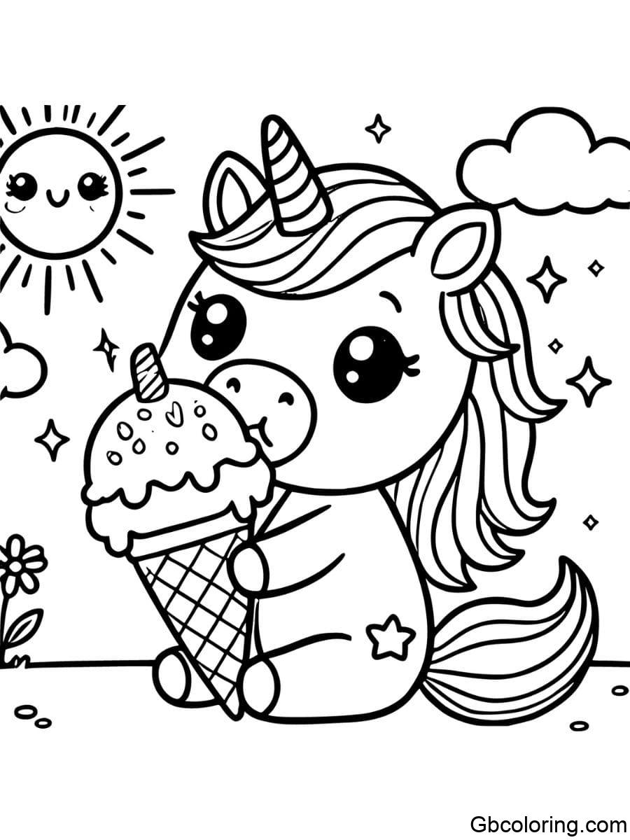 cute unicorn coloring pages eating an ice cream cone