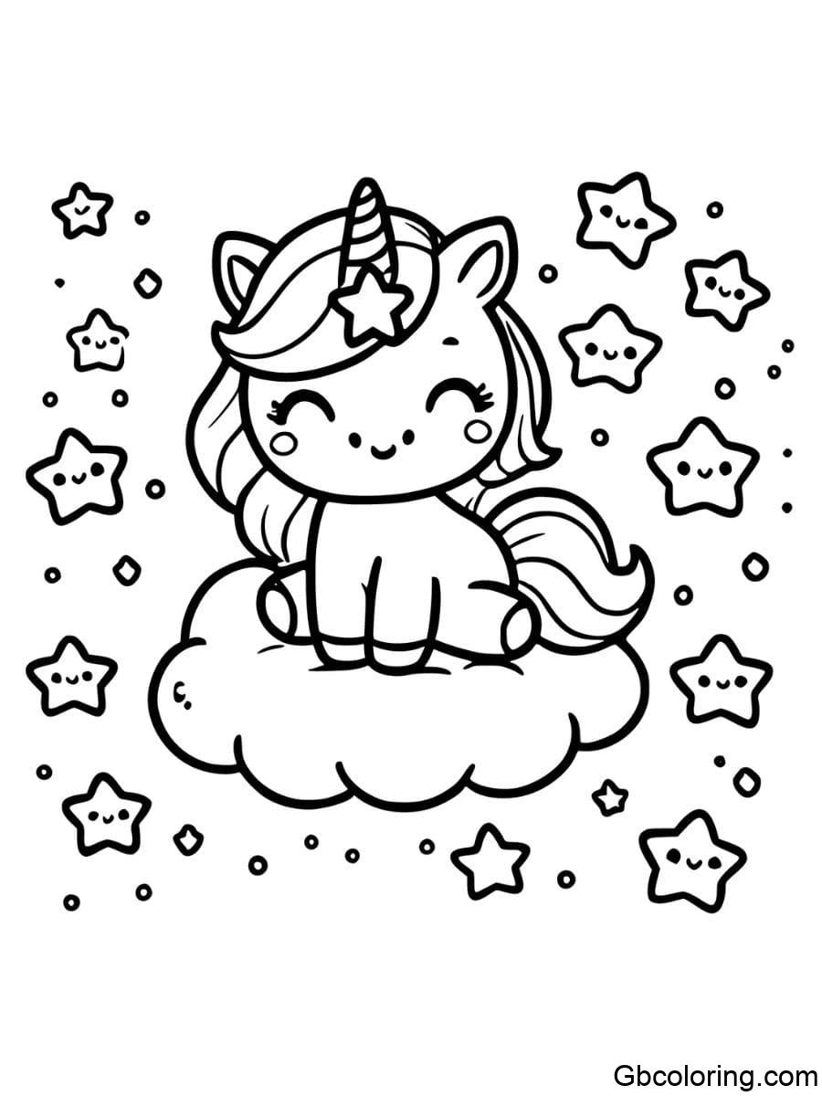 cute unicorn coloring pages with a star on its forehead sitting on a cloud