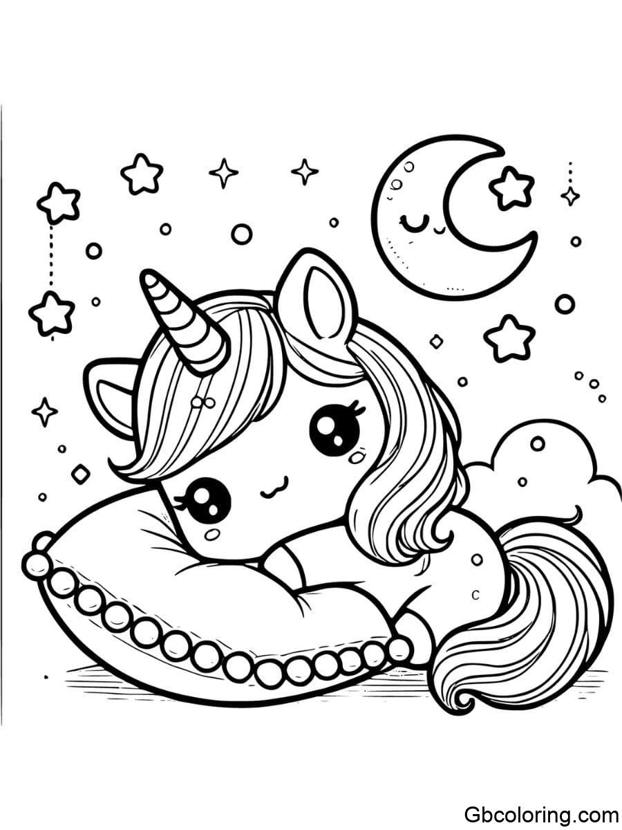 cute unicorn coloring pages lying on a pillow under the moon