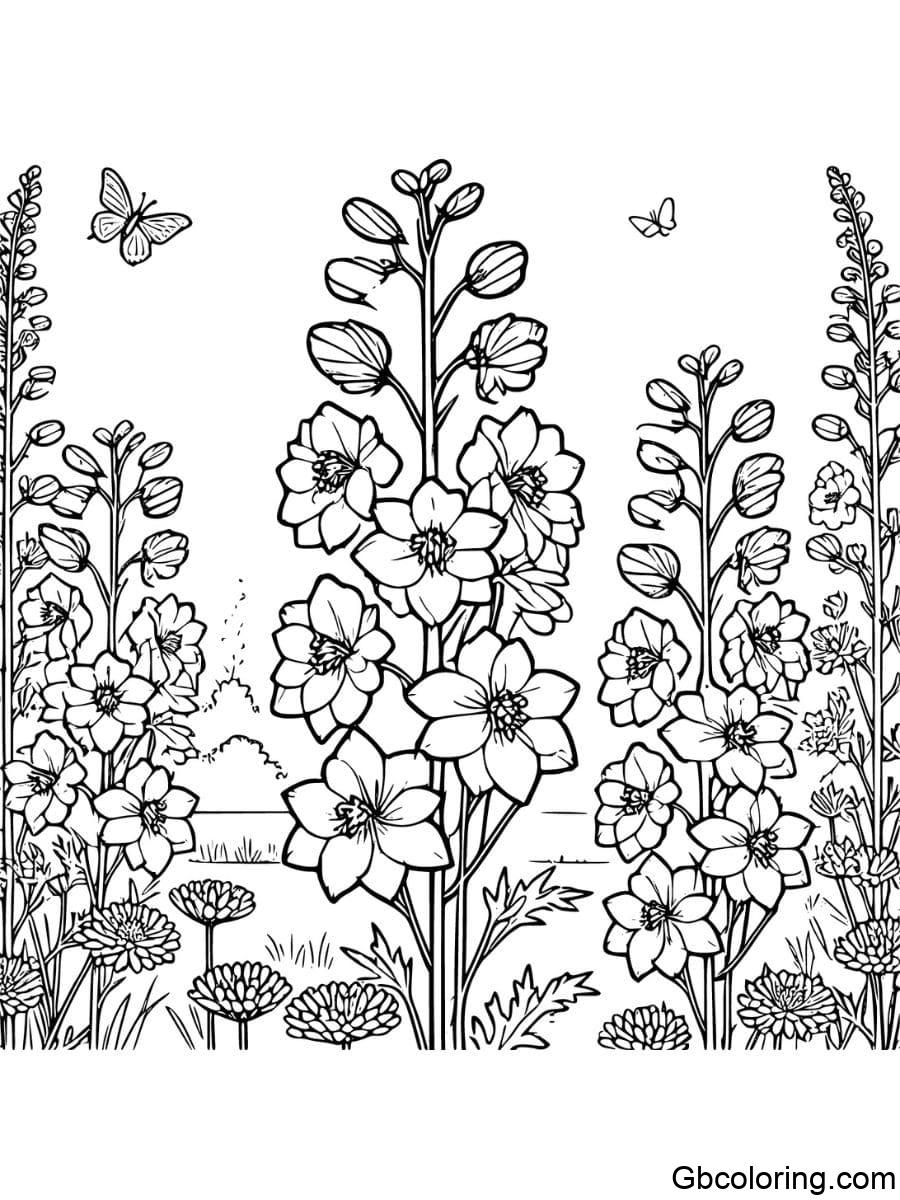 delphinium coloring pages with butterflies and meadow