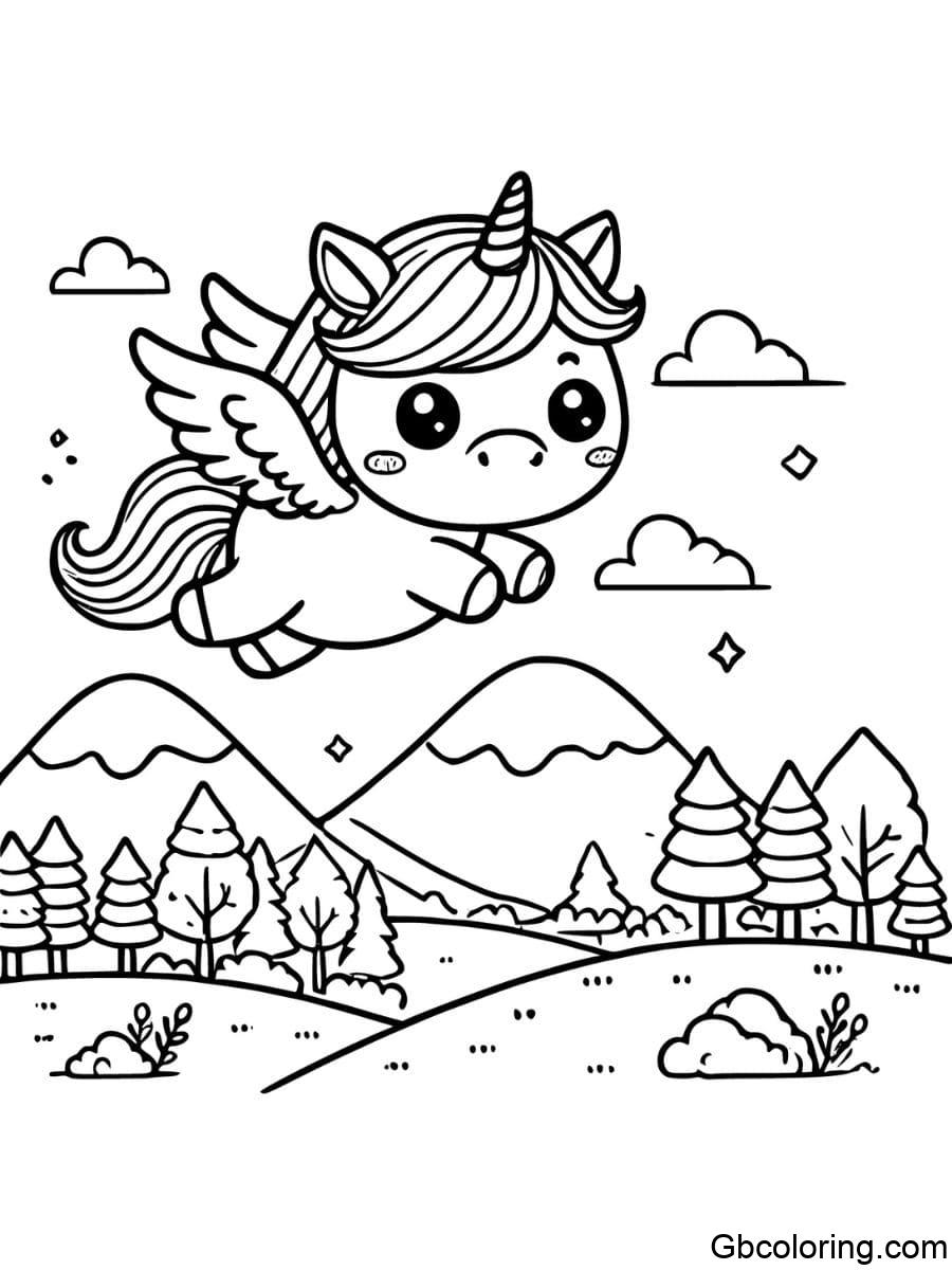 cute unicorn coloring pages with wings flying over hills and trees