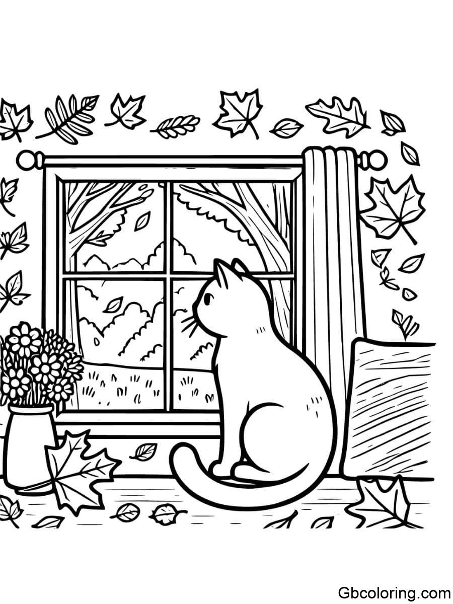 fall cat by window coloring pages