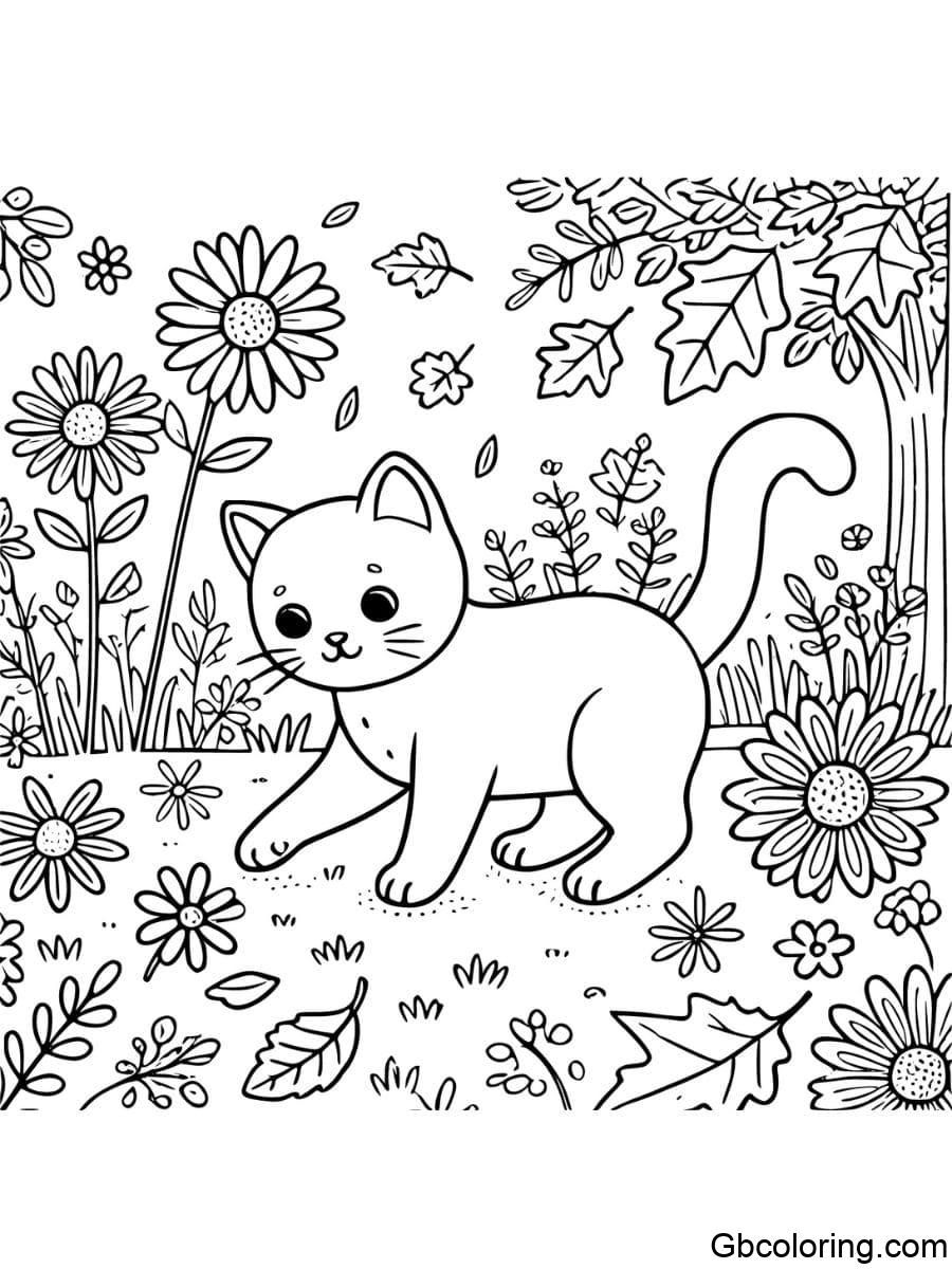 fall cat in garden coloring pages