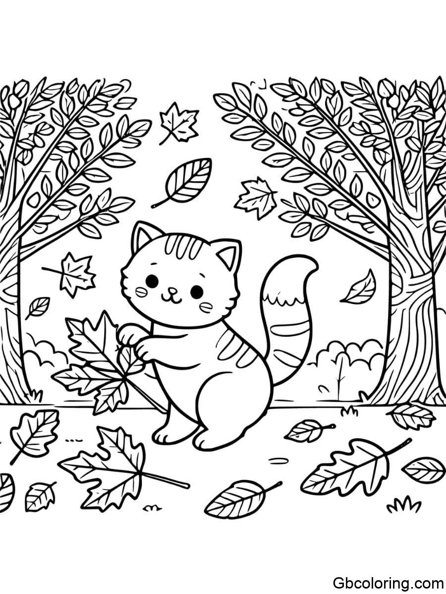 fall cat playing with leaves coloring pages