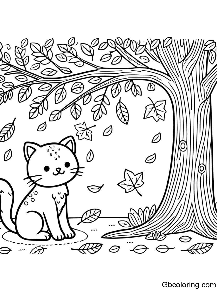 fall cat sitting under tree coloring pages