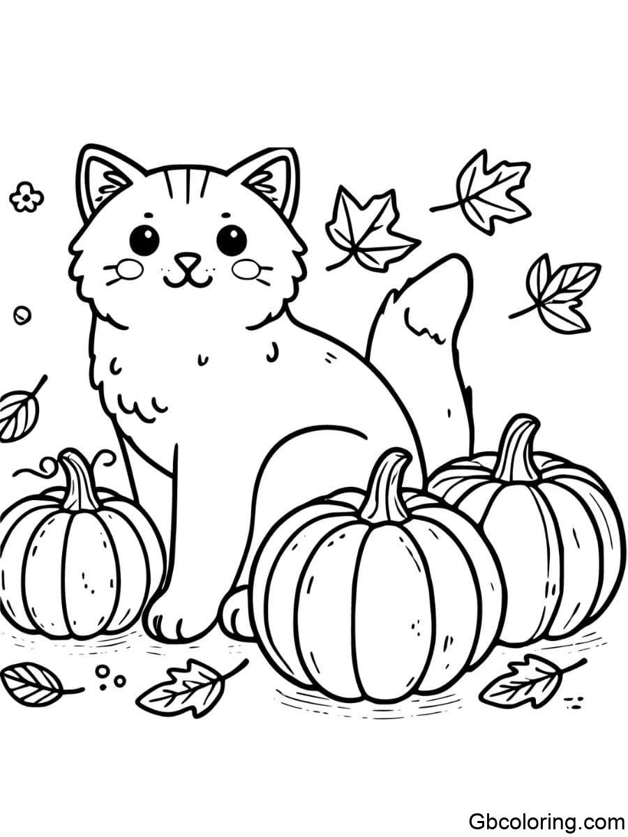 fall cat with pumpkins coloring pages