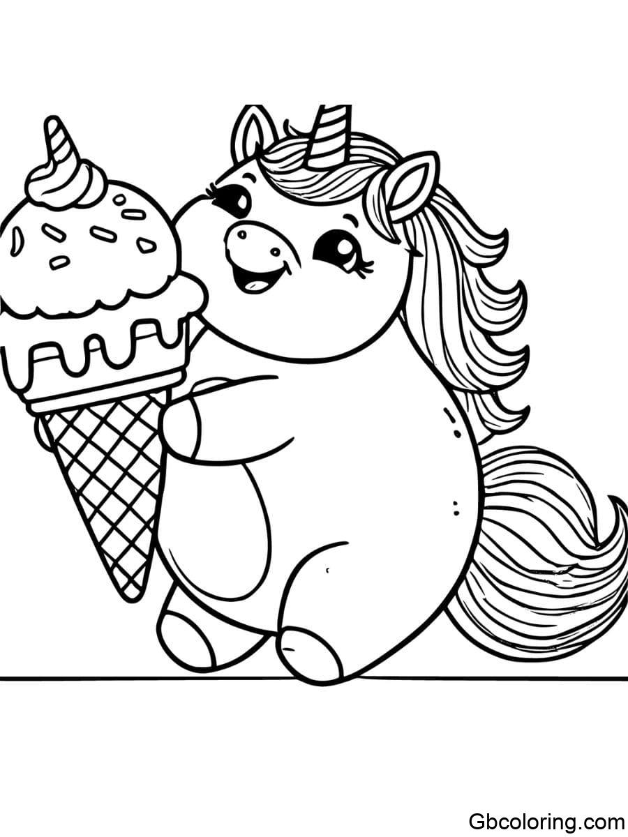 fat unicorn eating ice cream coloring pages