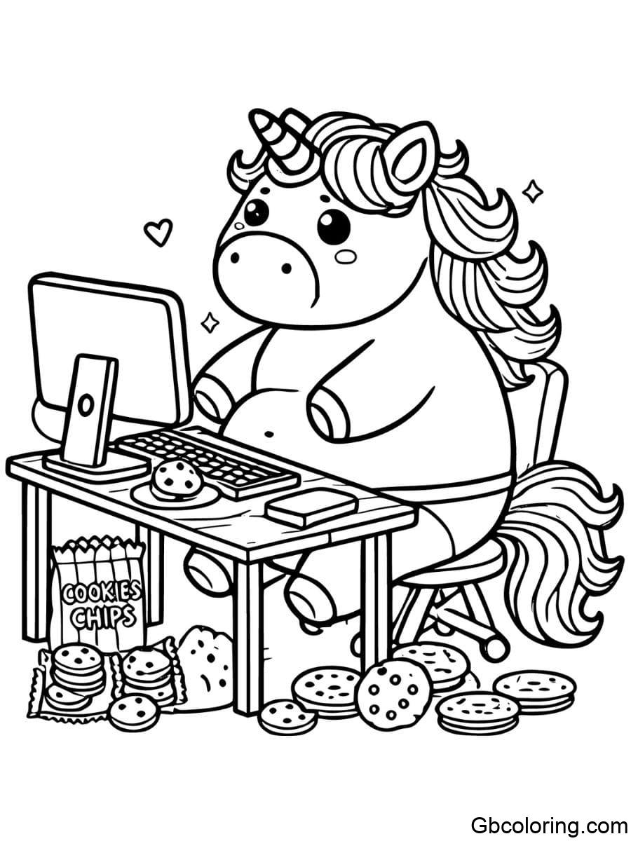 fat unicorn working with snacks coloring pages