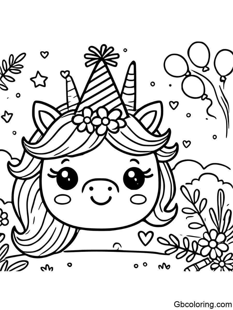 unicorn face festive with party hat coloring pages