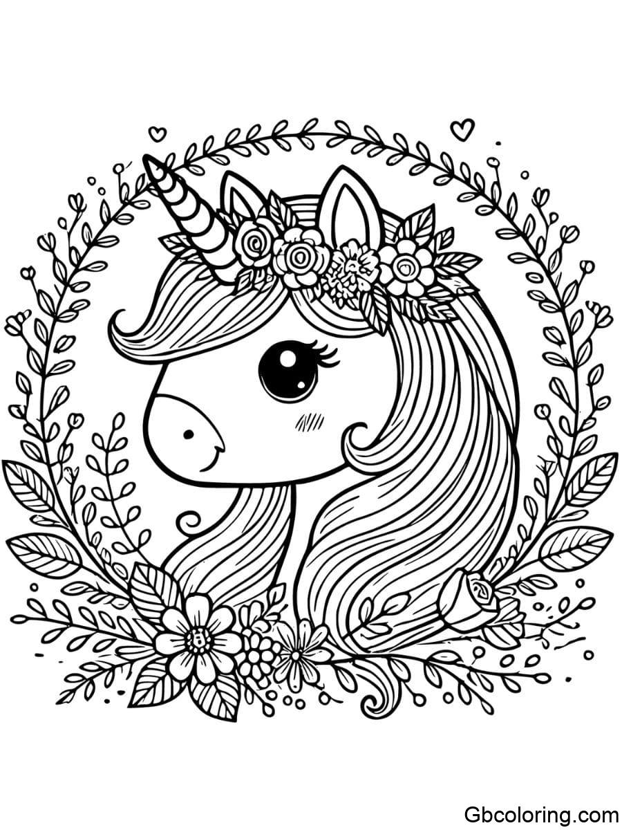 unicorn face floral wreath coloring pages