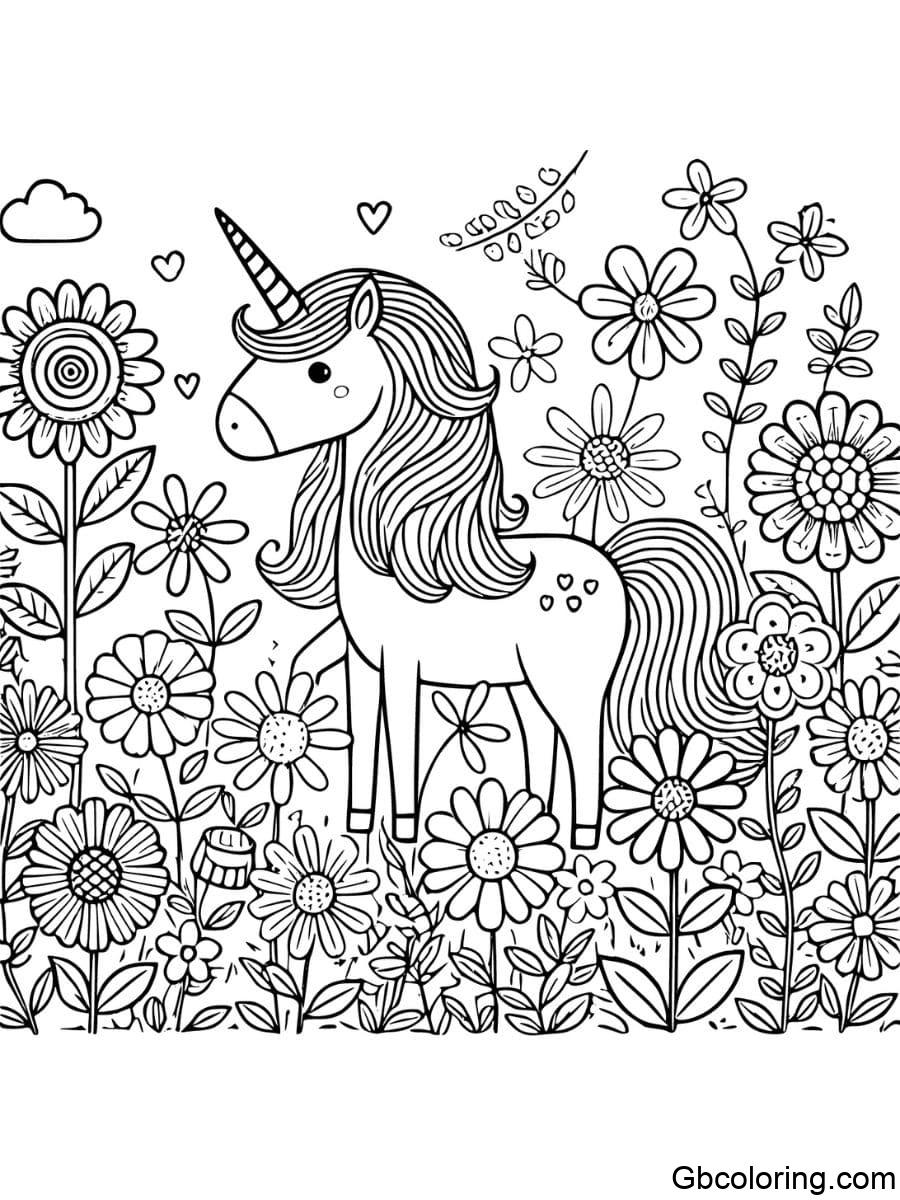 flower unicorn in garden coloring pages