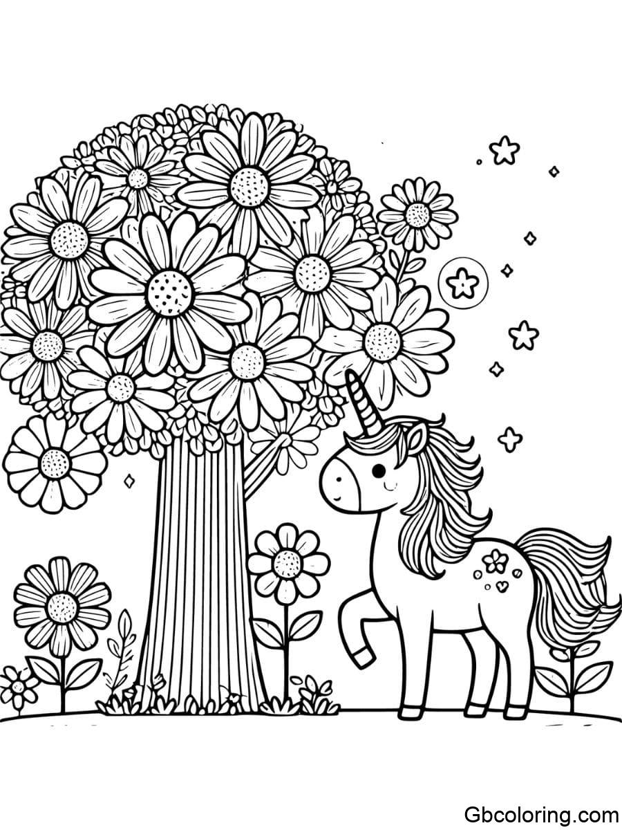 flower unicorn with giant flower tree coloring pages