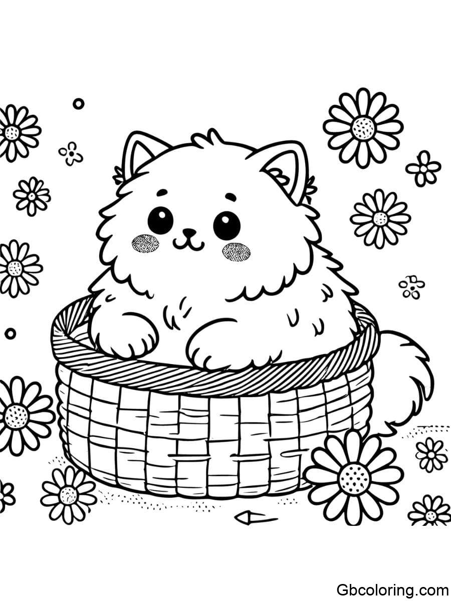 fluffy cat in a basket of flowers coloring pages