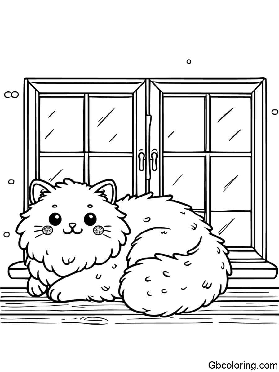 fluffy cat lying on a windowsill coloring pages