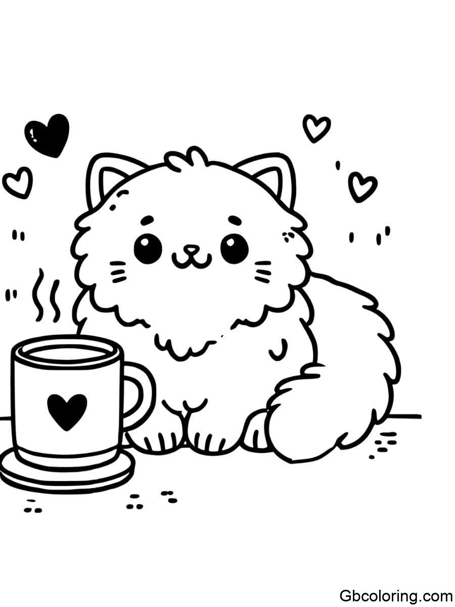 fluffy cat next to a coffee cup coloring pages