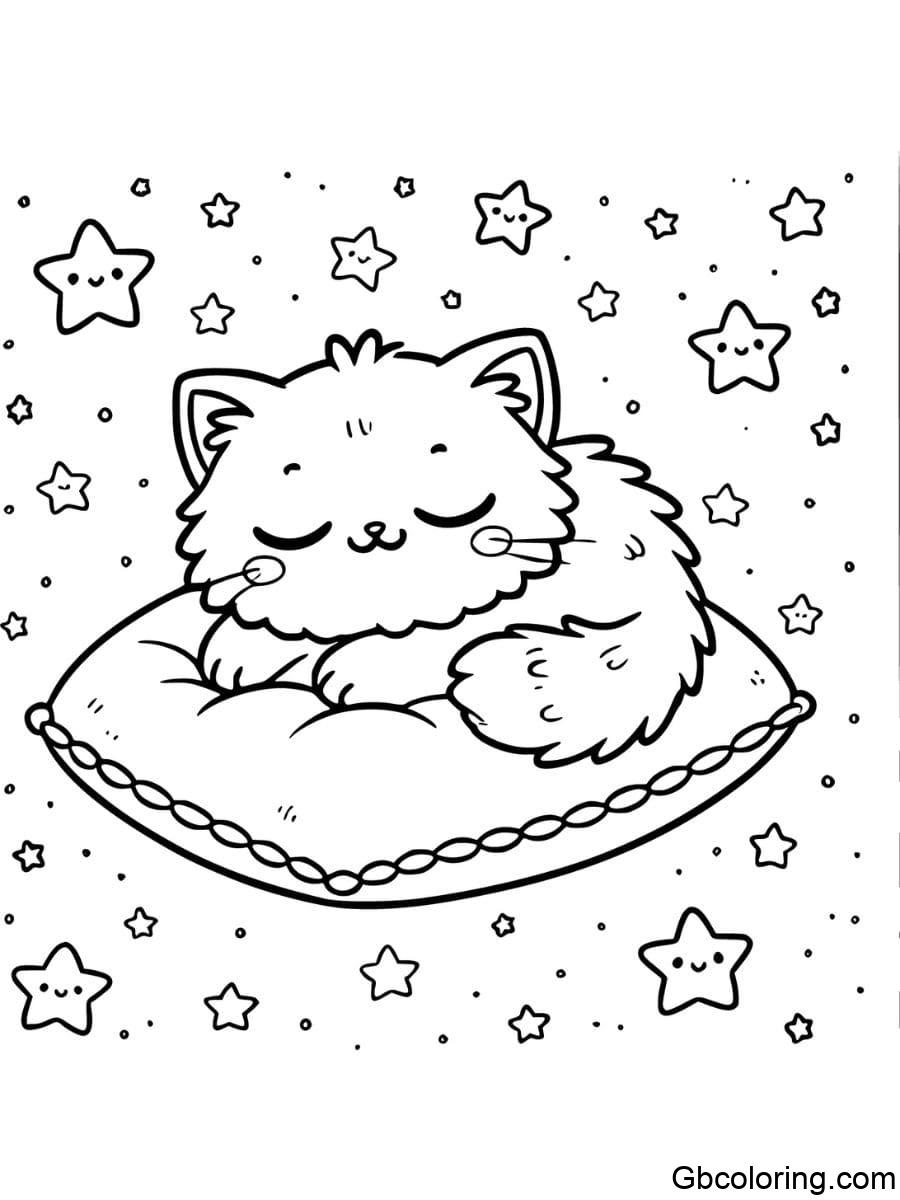 fluffy cat sleeping on a cushion coloring pages