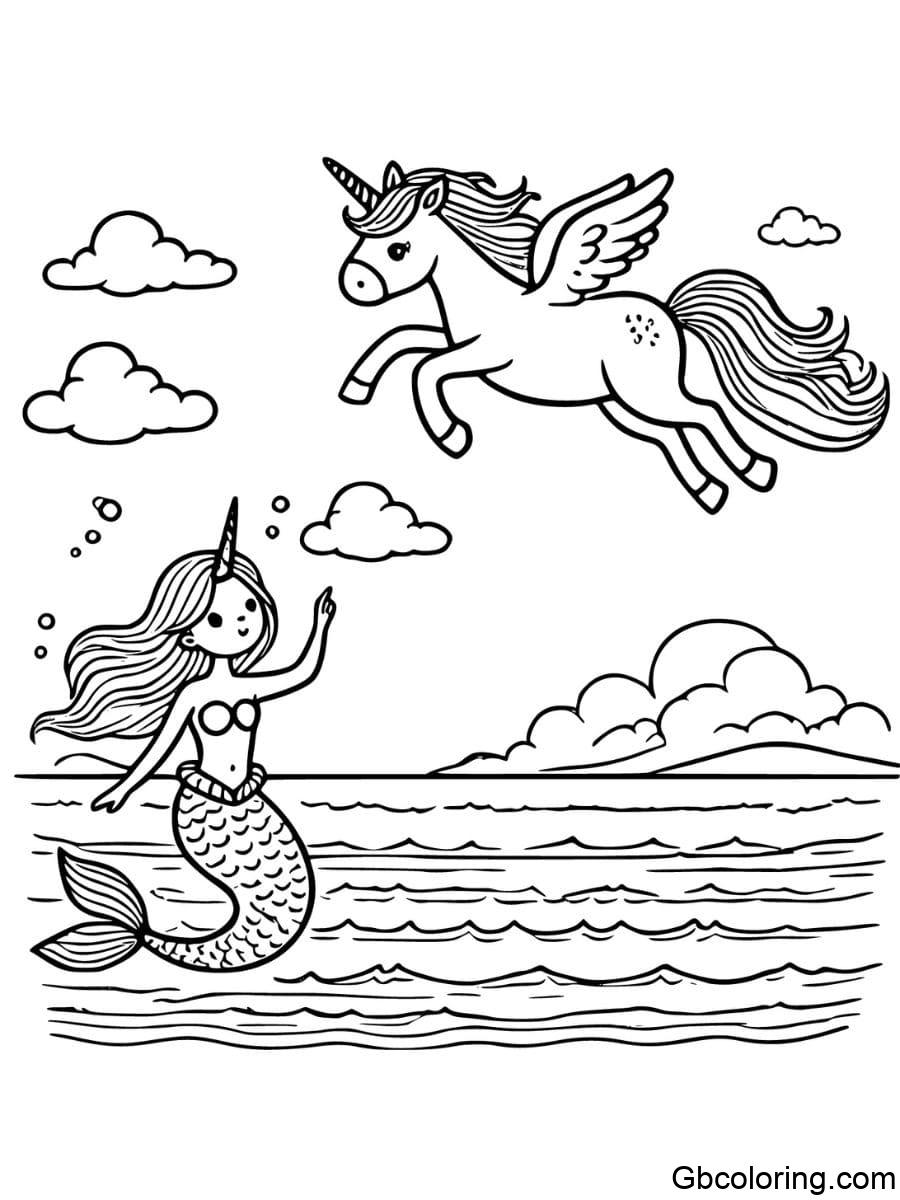 flying unicorn and swimming mermaid coloring pages