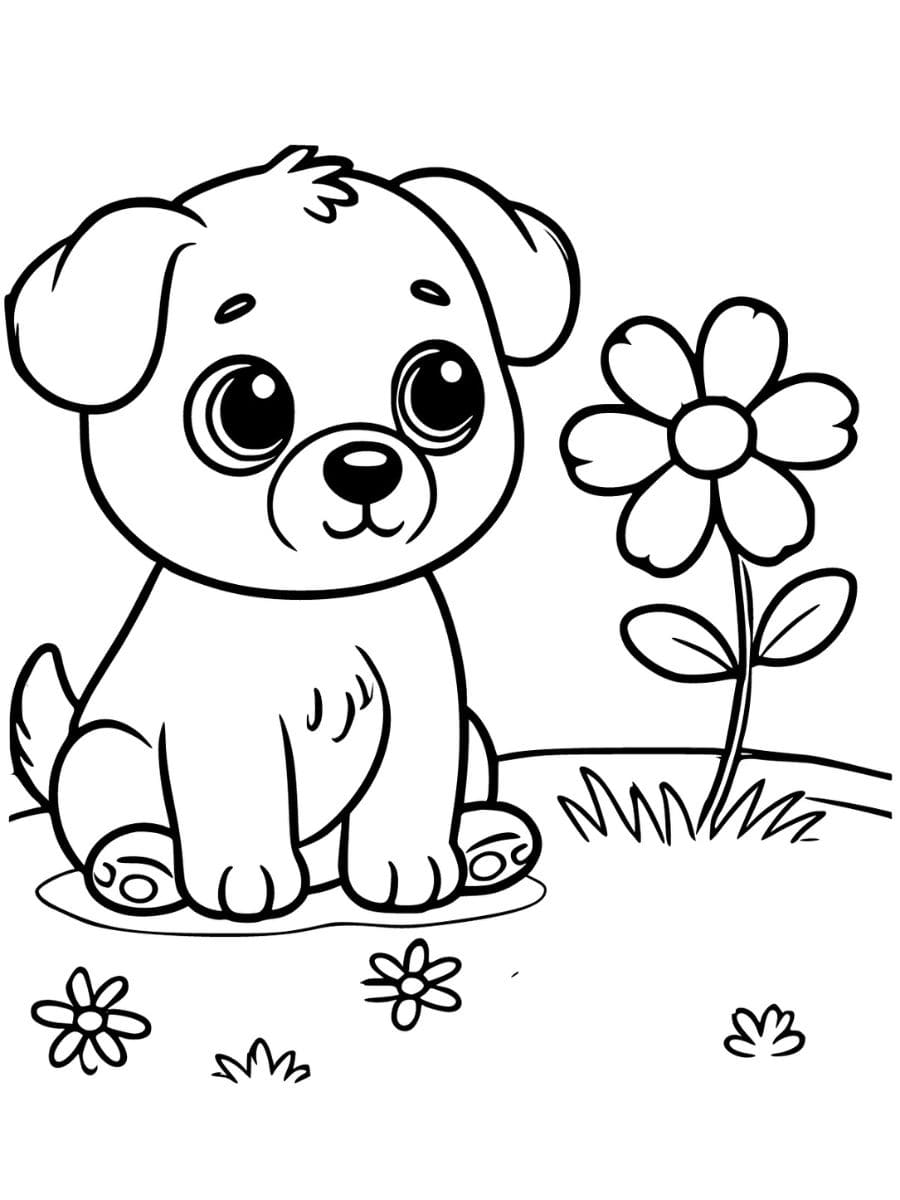 Puppy coloring pages sitting with a flower