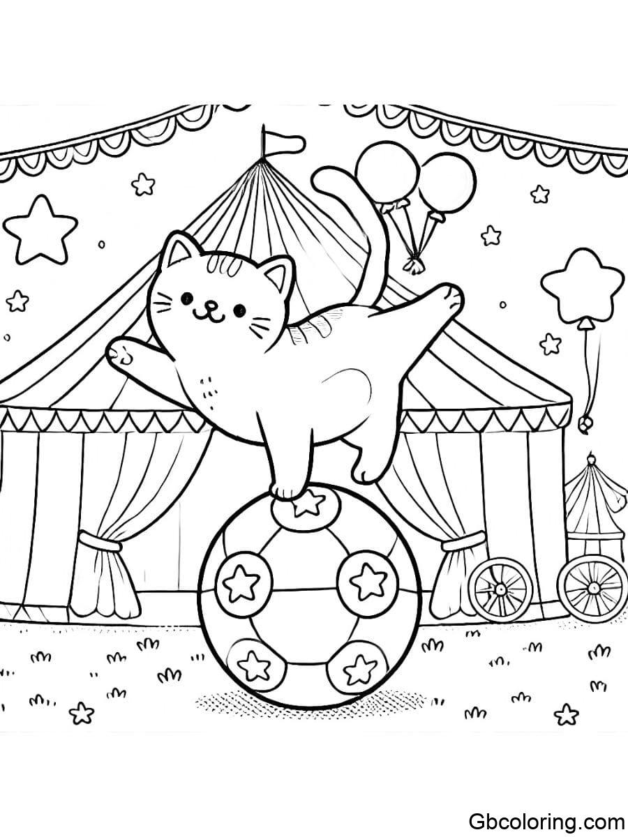 funny cat coloring pages balancing on a ball