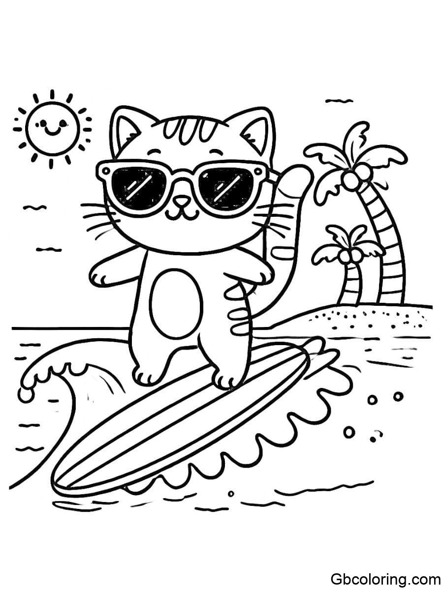 funny cat coloring pages surfing on a wave