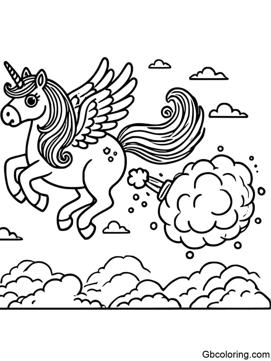 funny unicorn farting with huge puffs of air coloring pages