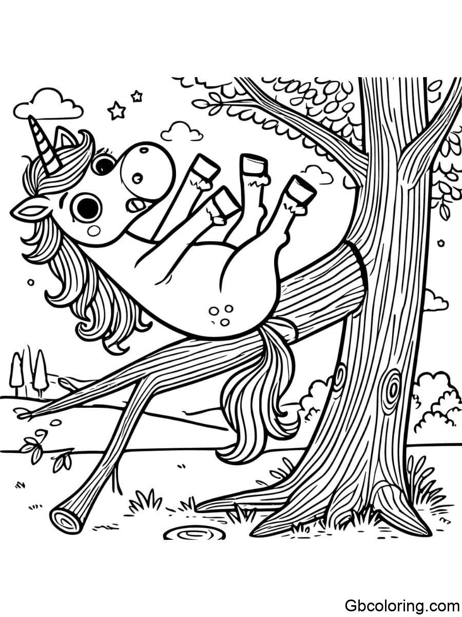 funny unicorn stuck in a tree coloring pages