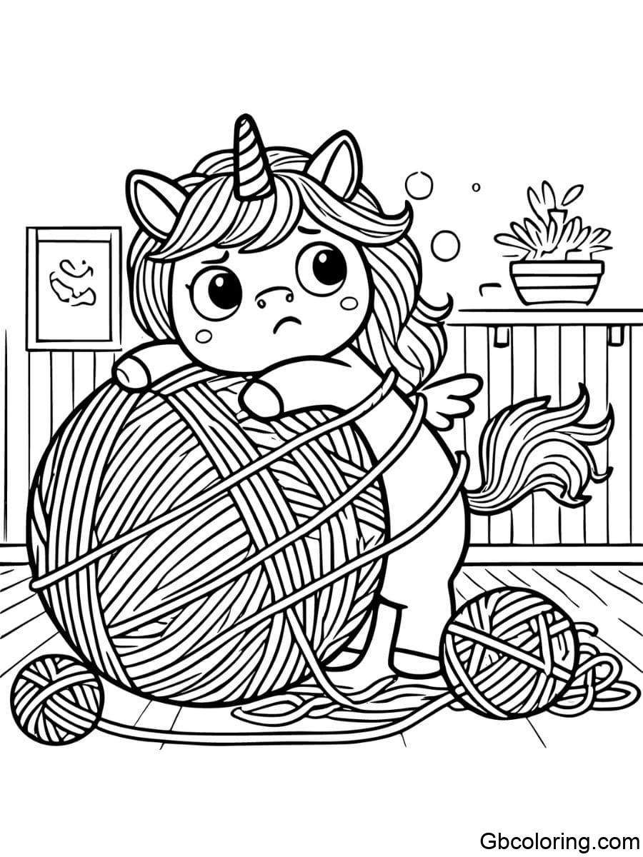 funny unicorn tangled in a ball of yarn coloring pages