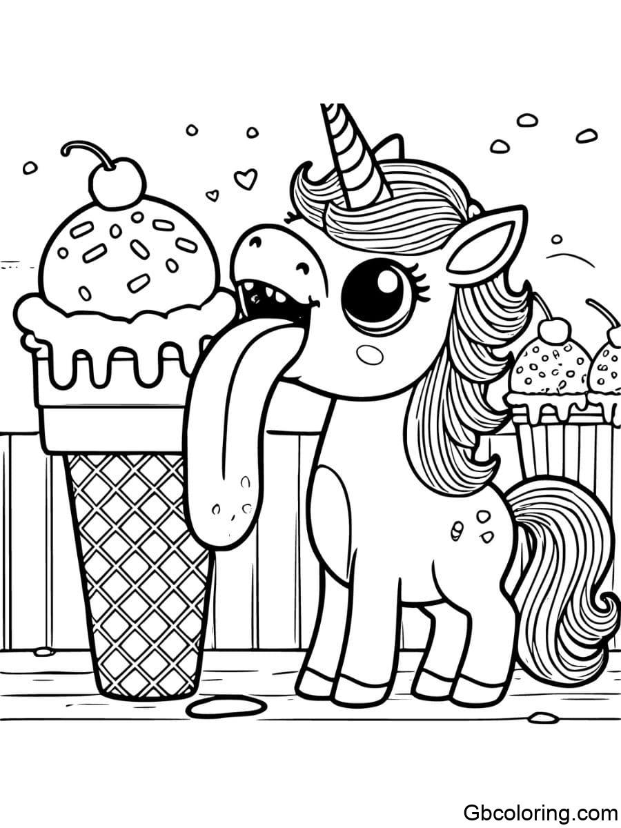 funny unicorn with a long tongue licking ice cream coloring pages