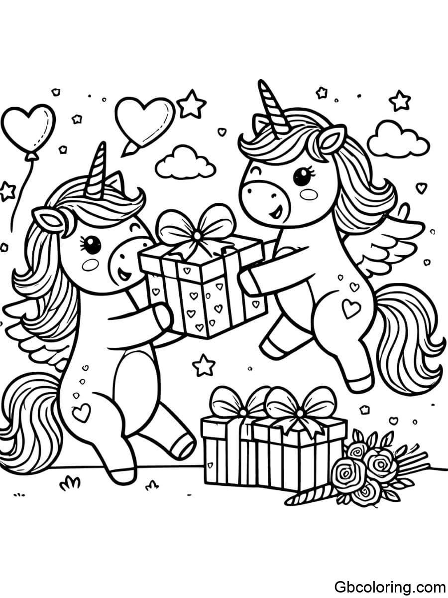 valentines unicorn gift exchange coloring pages